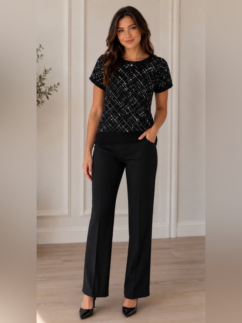 Anne Klein Black & White Dot Print Blouse – Flowy Stretch Top Size Large